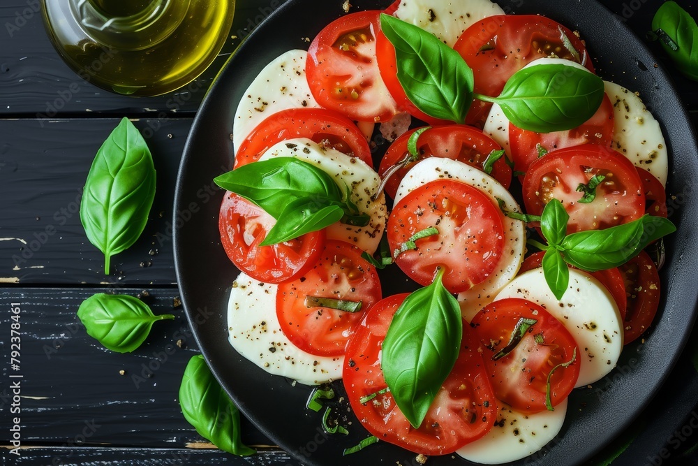 Italian caprese salad on black plate rustic style top view Italian caprese salad on black plate rustic style top view