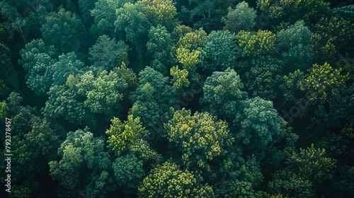 Aerial view of a forest with green trees.
