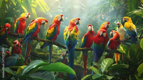 A group of colorful parrots congregating in a tropical rainforest, their vibrant plumage adding a burst of color to the lush greenery. photo