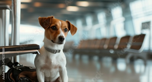 Jack Russell dog waits at airport terminal with bags ready to board plane for holiday vacation