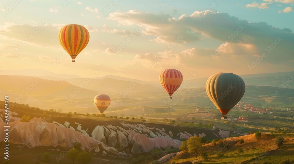 A group of hot air balloons drifting peacefully over picturesque countryside
