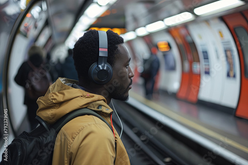 A commuter enjoying music through headphones, the tunes evidently improving their journey photo