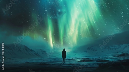 A lone figure gazing up at the breathtaking display of the northern lights, awash in awe and wonder amidst the wilderness. photo
