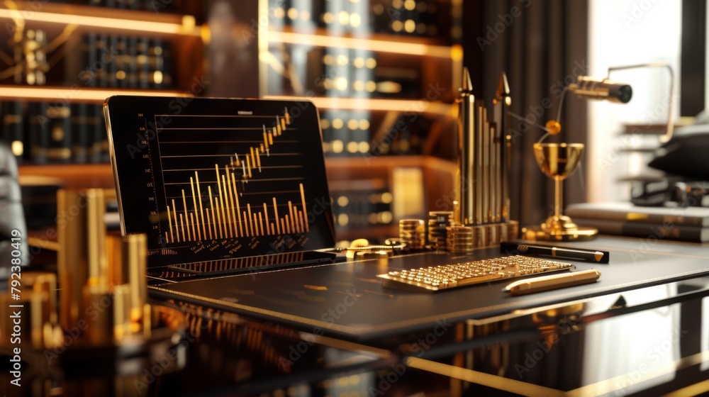 A luxurious desk with a golden chart displaying financial growth and success