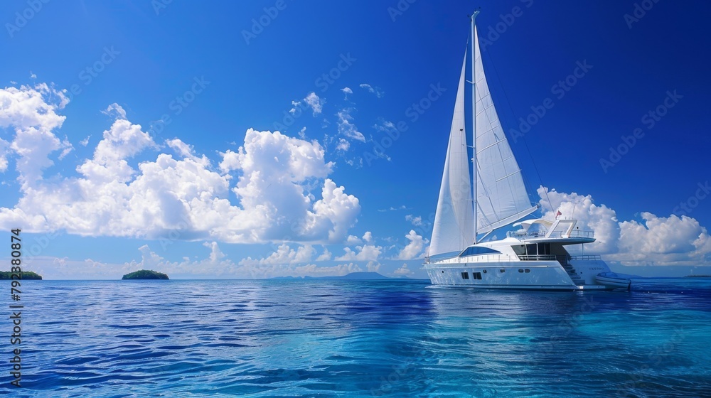 Obraz premium A luxury yacht sailing across the Pacific Ocean against a backdrop of clear skies and distant islands on the horizon.