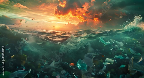 a world drowning in plastic and pollution, with waves of waste fueling an unstoppable inferno, photo