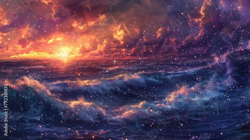 A magical seascape at twilight, where waves meet falling stars and raindrops in a mesmerizing dance of elements. photo