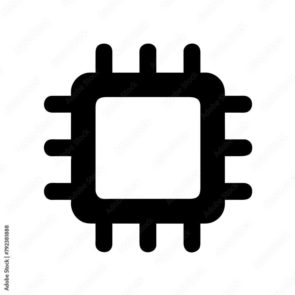 Microchip icon with circuit board connections representing computer technology, digital processing, artificial intelligence, semiconductor industry, and electronic hardware for data processing. Microchip icon with circuit board connections representing computer technology, digital processing, artificial intelligence, semiconductor industry, and electronic hardware for data processing.