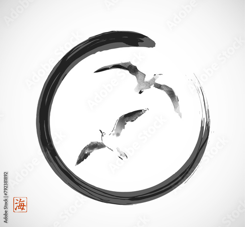 Minimalistic ink painting, displaying seagulls in flight in black enso zen circle. Traditional oriental ink painting sumi-e, u-sin, go-hua. Hieroglyph - sea