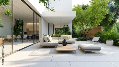 A minimalist backyard patio with clean lines, modern furniture, and potted plants, offering a serene outdoor retreat.