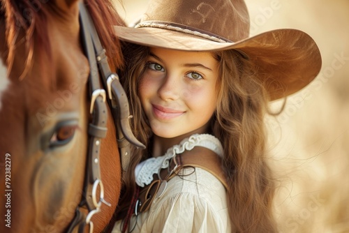 Lovely cowgirl and pony at a ranch photo