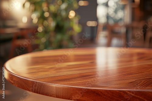 Luxurious mahogany round table in warm cafe with blurred background perfect for showcasing products