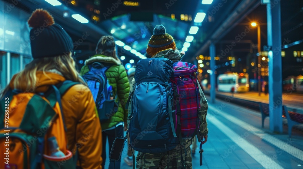 A group of young female friends carry backpacks and walk together at the train station.