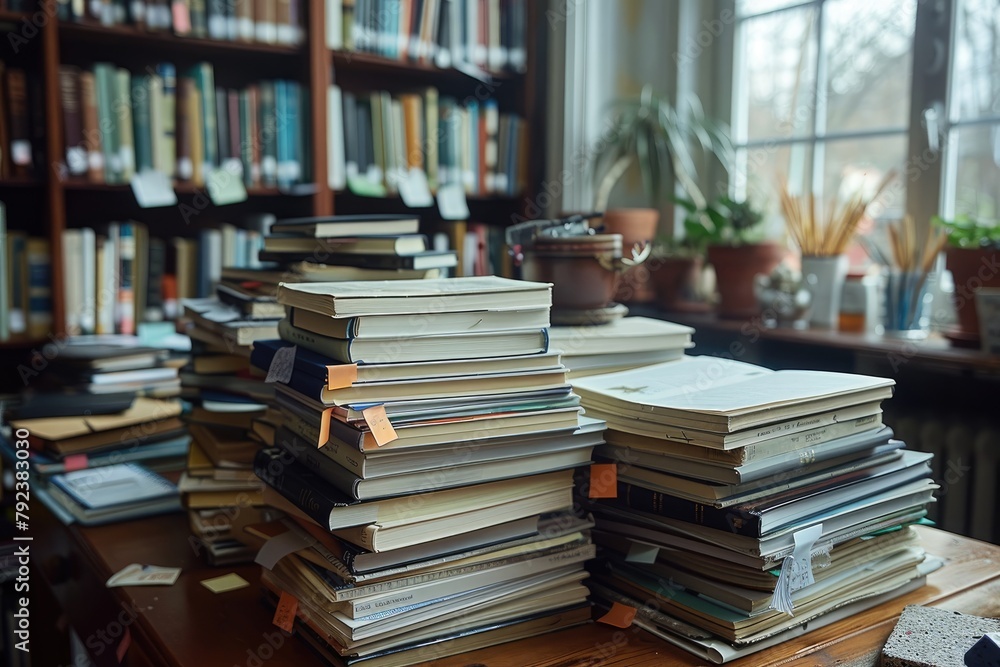 A pile of research journals and books on a desk, with sticky notes marking important studies