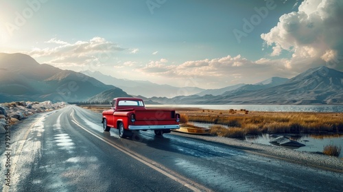 A pickup truck pulls a vintage red long-tail boat on a beautiful road. On the side is the water's edge, with mountains shining with light. color saturation