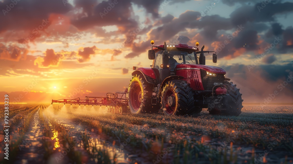 Fototapeta premium Irrigation tractor spraying or harvesting agricultural crops at sunset with infrared information is a banner design for agriculture and food production industry.