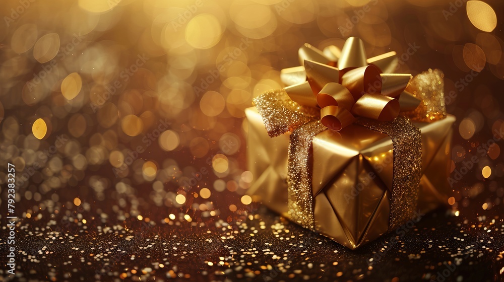 A gold gift box with a bow on a dark background. A gold gift box with a bow on a dark background.