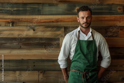 Male chef in green apron and white shirt against wooden backdrop