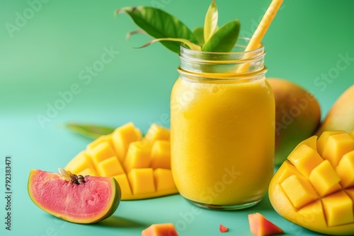 Mango shake with tropical fruit vibes in a Mason jar and green backdrop