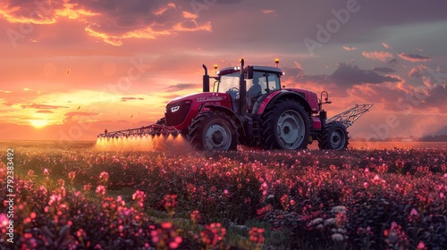 Irrigation tractor spraying or harvesting agricultural crops at sunset with infrared information is a banner design for agriculture and food production industry. photo