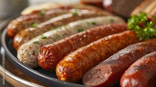Closeup of a plate of assorted Beyond Sausages each with a unique flavor and seasoning. From bratwurst to knackwurst these plantbased sausages offer a wide range of options for those . photo