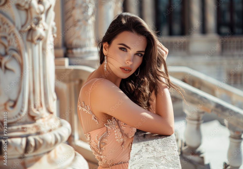 A photo of the most beautiful young woman in her mid-twenties wearing an elegant peach pink dress, posing on marble stairs outside a luxury hotel with modern architecture