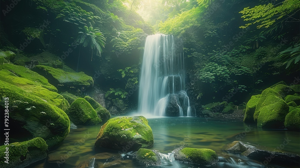 Beautiful green forest, sunlight shines on the water surface of the waterfall flowing down from the mountain. surrounded by moss-covered stones and lush plants. Generative AI. Beautiful green forest, sunlight shines on the water surface of the waterfall flowing down from the mountain. surrounded by moss-covered stones and lush plants. Generative AI.