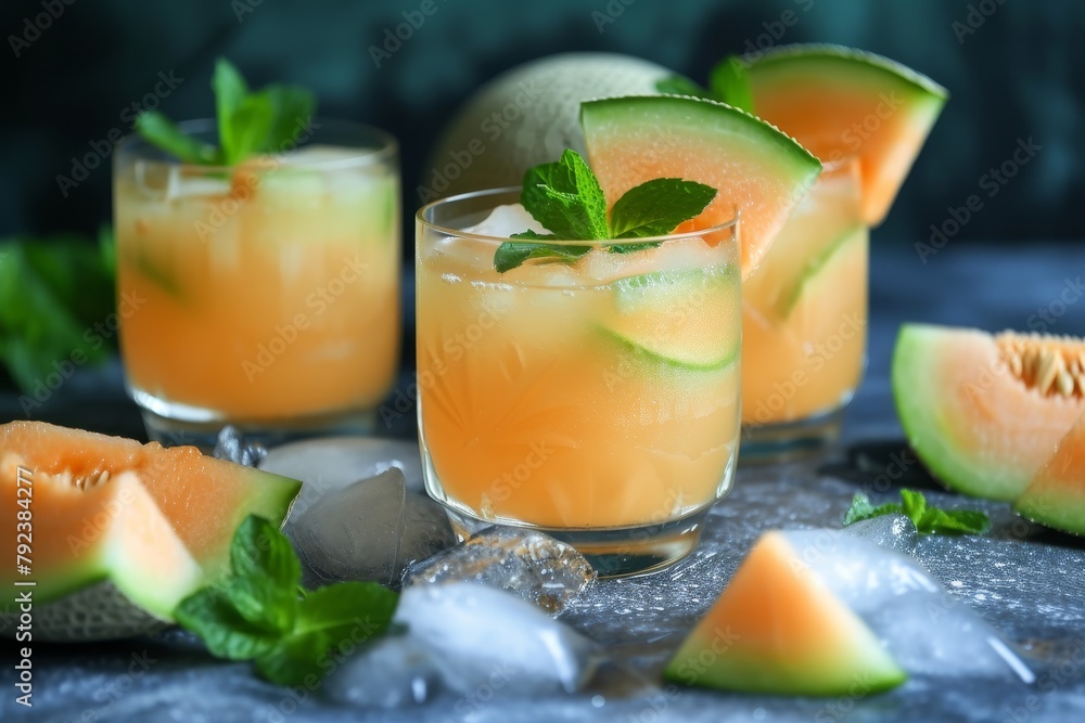 Melon breezy drink with melon slices in glasses Melon breezy drink with melon slices in glasses
