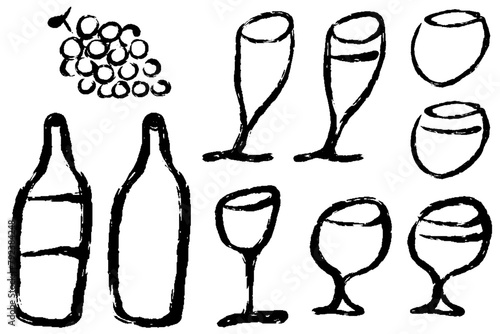 筆で描いたワインのイメージのイラストセット