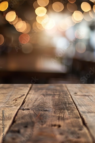 An empty wooden table against a blurred background of warm lights.