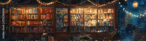 A cozy bookstore glows under twinkling fairy lights, its windows showcasing stacks of books wrapped in festive ribbons, kawaii, bright water color