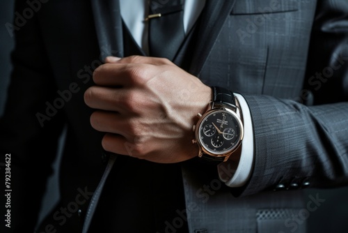 Men s watches are a stylish addition to a suit showcased against a black backdrop