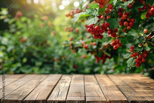 An empty wooden table in a lush green garden with red berries hanging from a tree in the background.