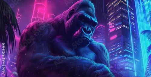 A colossal neon gorilla, its muscles pulsing with electric blue, pounds its chest, the reverberations echoing through the neon jungle, a display of dominance that lights up the night