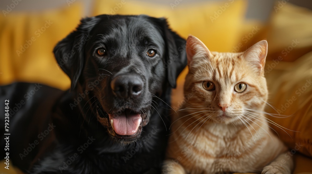 Panting Labrador Retriever dog and cat sitting in front of dark yellow background Panting Labrador Retriever dog and cat sitting in front of dark yellow background