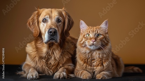 Panting Labrador Retriever dog and cat sitting in front of dark yellow background
