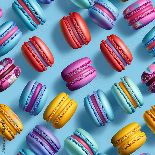 Colorful macarons arranged on a blue background in a floating pattern
