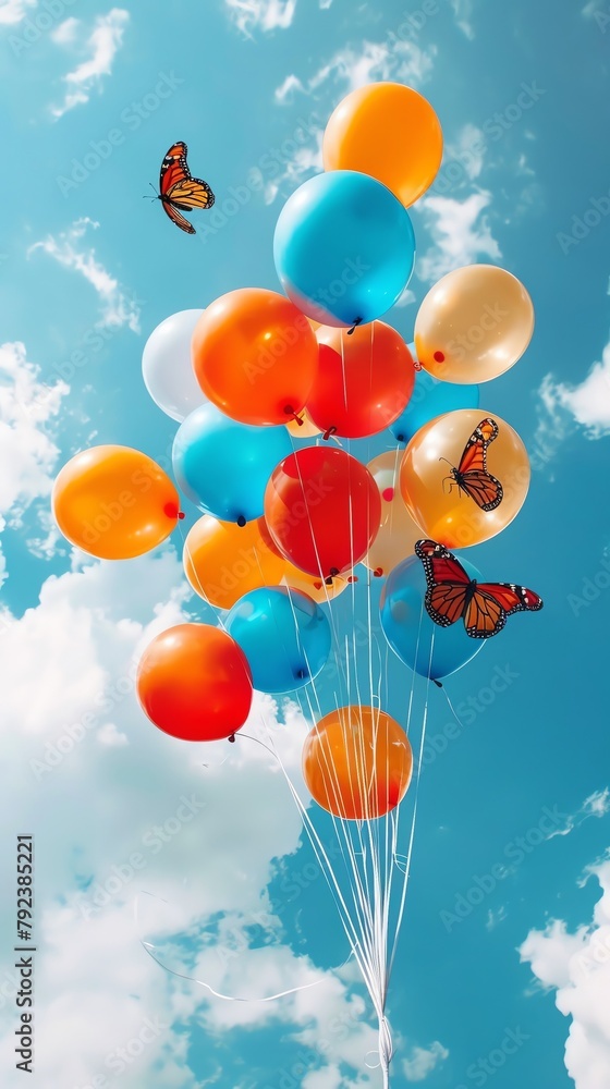 Fototapeta premium Release of balloons or butterflies symbolizing the release of stress and the commencement of a new beginning in healthcare