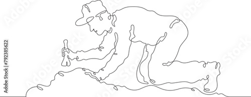 Archaeologist at an excavation. An archaeologist with tools in hand conducts historical research. Historian. Archeology. One continuous line . Line art. Minimal single line.White background. One line 