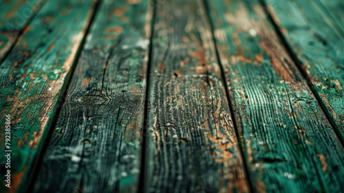 Close-up of weathered wooden planks with peeling turquoise paint, suggesting rustic charm and texture.