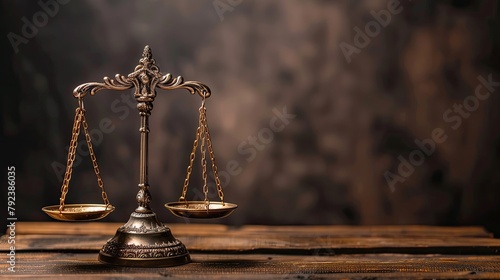 Scales of justice on wooden table against dark background, copy space for text. Law and police concept. A closeup photo with copy spase. Vintage bronze scales of libra in balance, front view. The law 