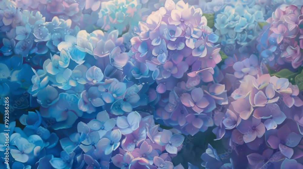 Hydrangeas cluster in a burst of blues and purples, their soft edges blurring like a gentle pastel fog, kawaii, bright water color Hydrangeas cluster in a burst of blues and purples, their soft edges blurring like a gentle pastel fog, kawaii, bright water color