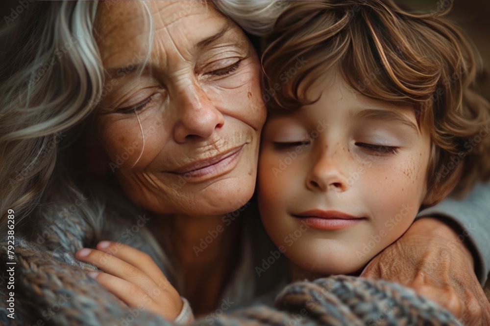Portrait of grandmother with her grandson. Different generations spend time together. real values, family traditions. Portrait of grandmother with her grandson. Different generations spend time together. real values, family traditions.
