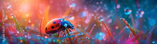 A tiny neon ladybug, its shell a vibrant neon orange with neon black spots, crawls across a neon blade of grass The dewdrop clinging to its back shimmers with neon blue light, a miniature beacon in th