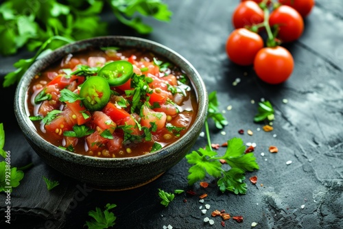 Mexican salsa with jalapeno tomatoes and parsley in a bowl