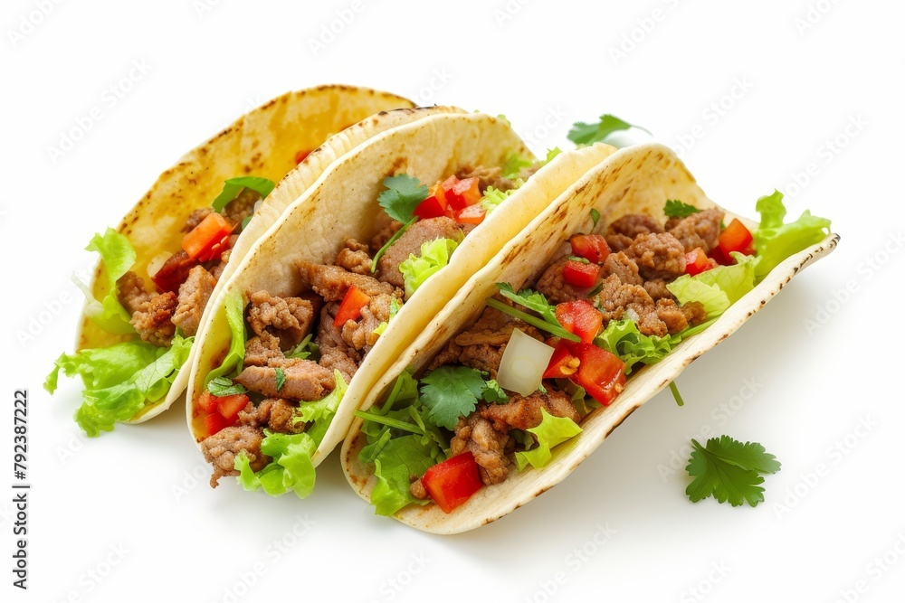 Mexican tacos with meat and vegetables on white background Mexican tacos with meat and vegetables on white background