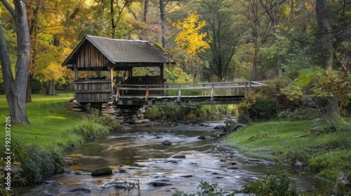 A quaint covered bridge crossing a tranquil stream, its weathered wooden planks and rustic charm adding character to the serene landscape. © Plaifah