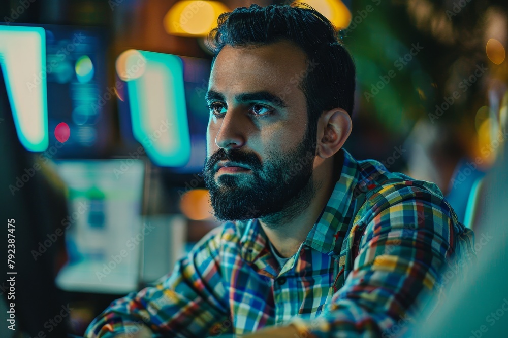 Fototapeta premium Middle Eastern engineer working in corporate office on internet project with manager and colleagues
