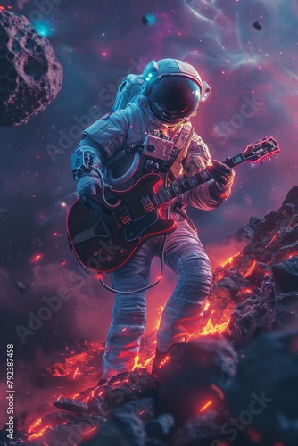 Cosmic rockstar: astronaut playing guitar on alien planet