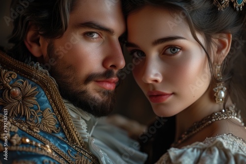 Capturing passion in the renaissance, victorian, and baroque era: a timeless love story portrayed by a couple in vintage attire, embracing the elegance, romance, and nostalgia of historical periods. © Ruslan Batiuk